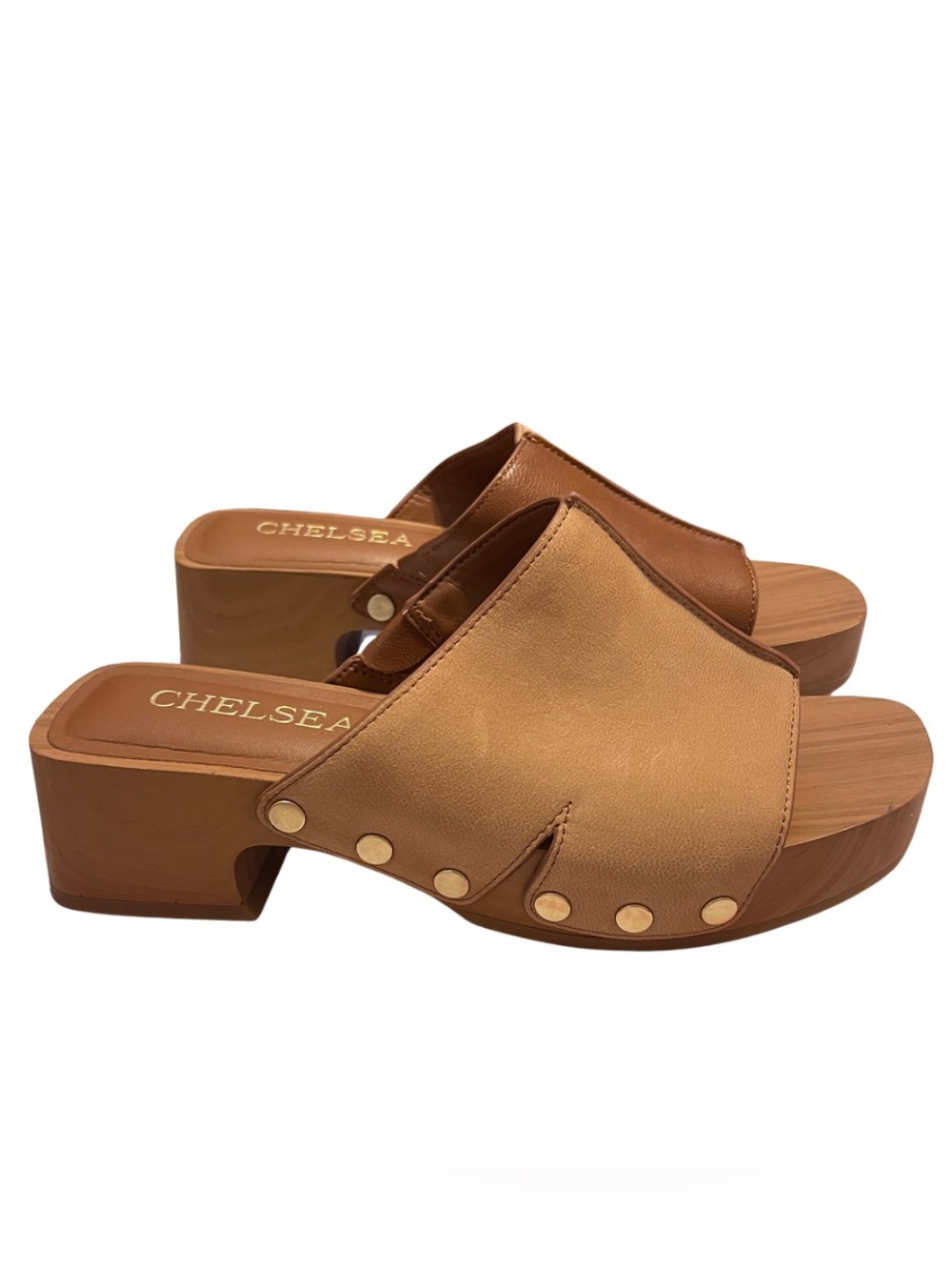 Chelsea & Violet Two-Tone Brown and Tan Leather Slide Platform Mules - Picture 6 of 10